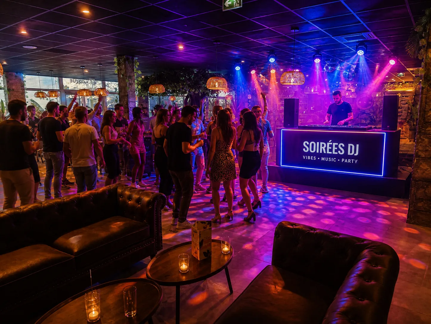 Soirée DJ au Freeing Café avec ambiance festive et lumières disco